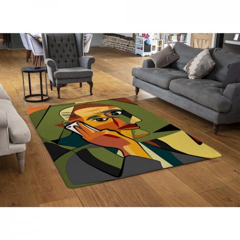 Portrait Cubism Art Style,Man Calls On A Phone Designer Rug - Green / 110cm