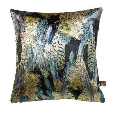 Preen Metallic Feather Cushion in Blue Green