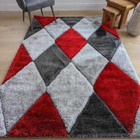 Red Carved Diamonds Shaggy Rug - Verge - Red