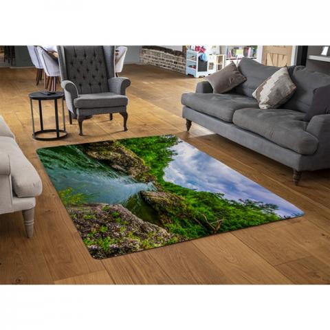 River In Mountain Forest Landscape Designer Rug - Green / 110cm