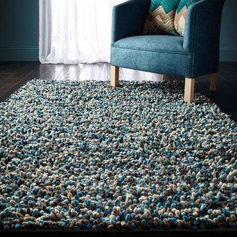 Rocks Shaggy Wool Rugs in Blue