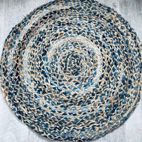 Round Blue Denim & Jute Braided Rug - 90cm