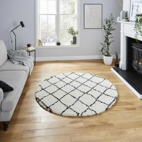 Royal Nomadic Circular Geometric Rugs 5413 in Ivory Black