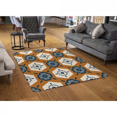 Rust Orange Background With Gray, Navy Blue And Beige Designer Rug - Brown / 110cm