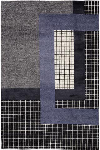 Sebastian Herkner Mainland Dark 3.66x2.74m/12'x9' Blue Geometric Wool & Silk Geometric rug by The Rug Company, Handknotted Tibetan wool and silk