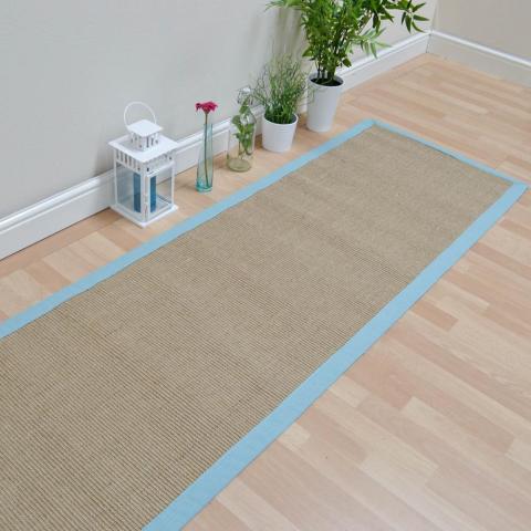 Sisal Hallway Runners in Linen with an Aqua Border