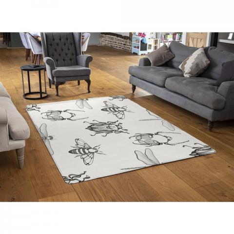 Sketch Of Scarab Beetle, May Bug, Bee And Dragonfly Designer Rug - White / 110cm