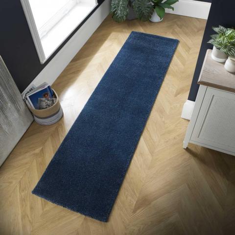 Sleek Soft Shaggy Plain Runner Rugs in Denim BLue