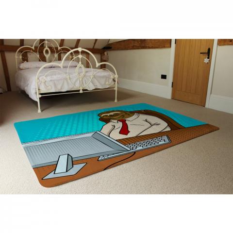 Sloth Animal Office Worker Pop Art Retro Designer Rug - Blue / 230cm