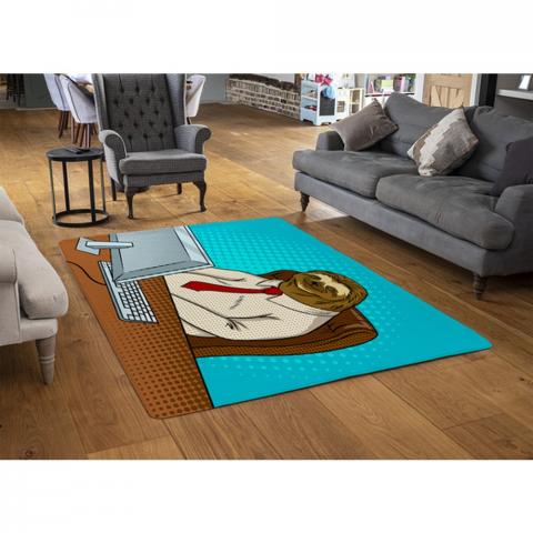 Sloth Animal Office Worker Pop Art Retro Designer Rug - Blue / 110cm