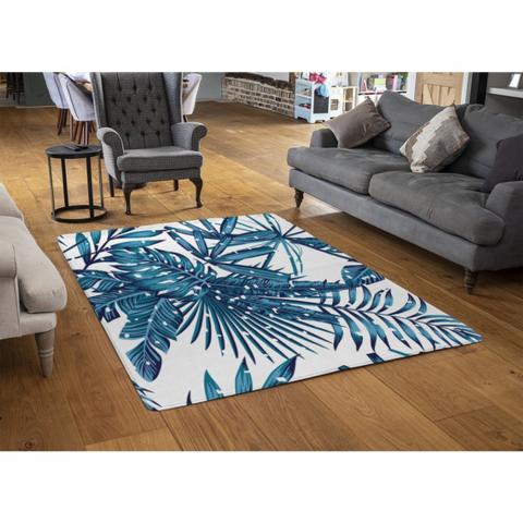 Snow Tropical Leaves Designer Rug - Blue / 110cm