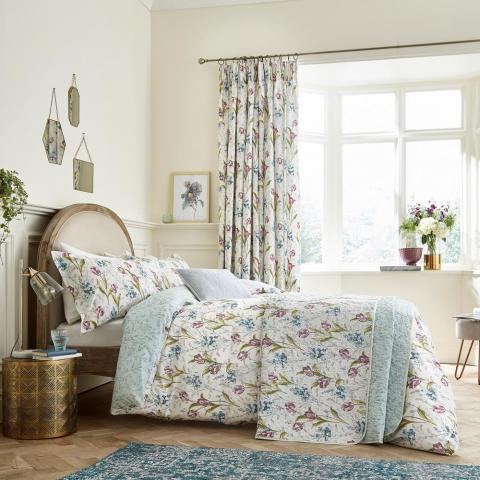 Spring Tulips Floral Bedding and Pillowcase By V&A in Aqua