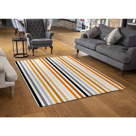 Striped Pattern, Orange Black Gray Beige And Brown Designer Rug - Orange / 110cm