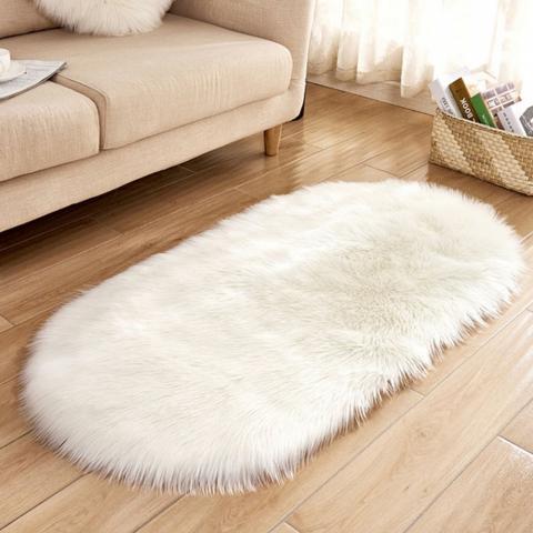 Super Soft Oval Shaggy Room Carpet Decor Rug - White / 120cm