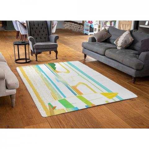 Surf Board On Beach Designer Rug - Yellow / 110cm