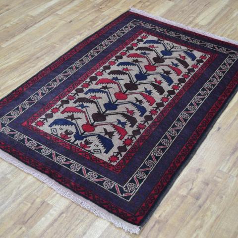 Thinis Hand Knotted Wool Rug in Red Blue and Beige