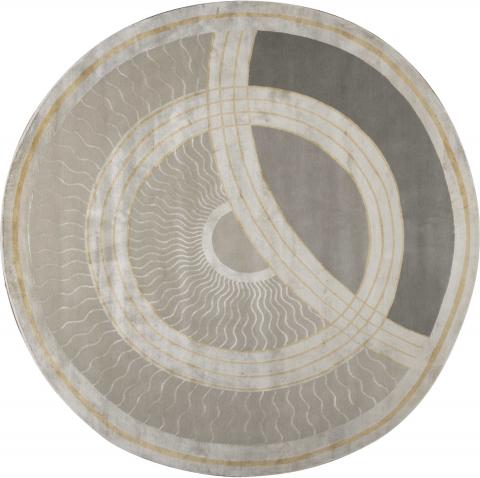 Tim Gosling Radio City Round 2.44x2.44m/8'x8' Grey Art Deco Wool & Silk Art Deco rug by The Rug Company, Handknotted Tibetan Wool & Silk