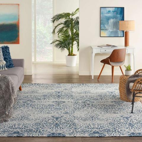 Traditional Damask DAS06 Blue Ivory Rug 