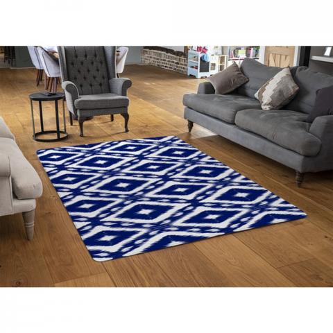 Tribal Art Ikat Ogee In Traditional Classic Blue Designer Rug - Blue / 110cm