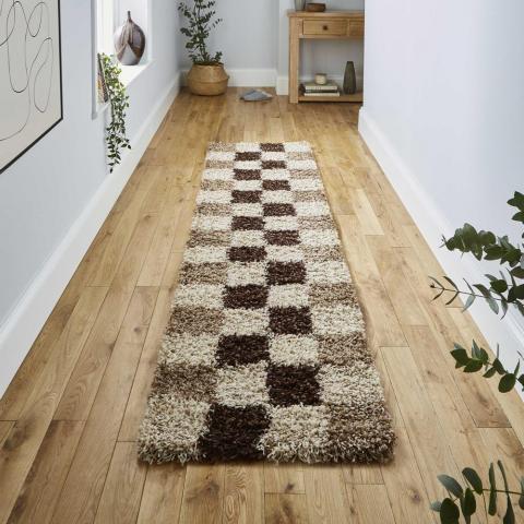 Vista Shaggy Hallway Runners 2247 Check Beige Brown