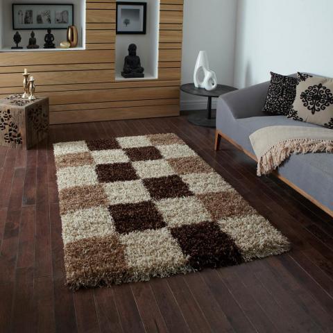 Vista Shaggy Rugs 2247 Check Beige Brown