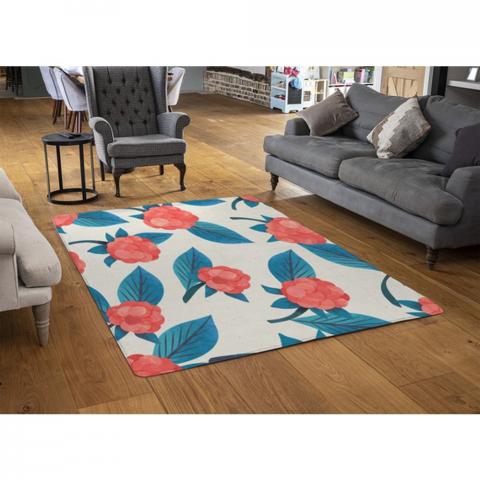 Watercolour Floral Pattern Designer Rug - Blue / 110cm