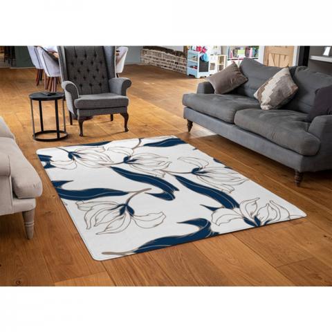 White Flowers Designer Rug - Blue / 110cm