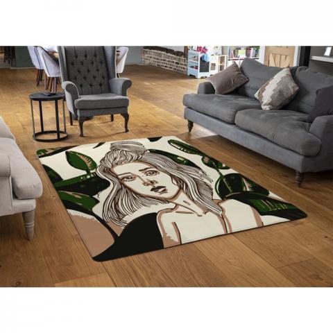 Young Woman In Tropical Leaves Designer Rug - Green / 110cm